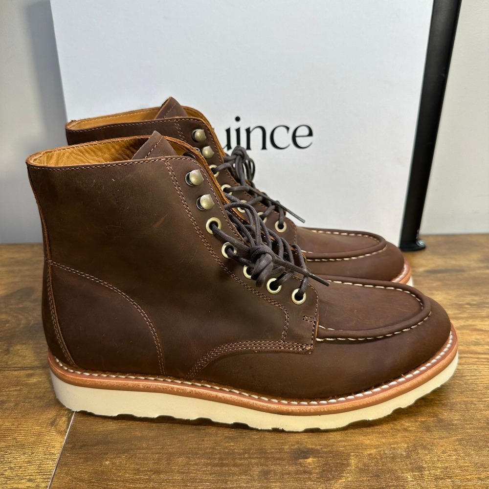 Quince Mens Leather Moc Toe Boots Brown Cowhide Wedge Sole‎ 10.5